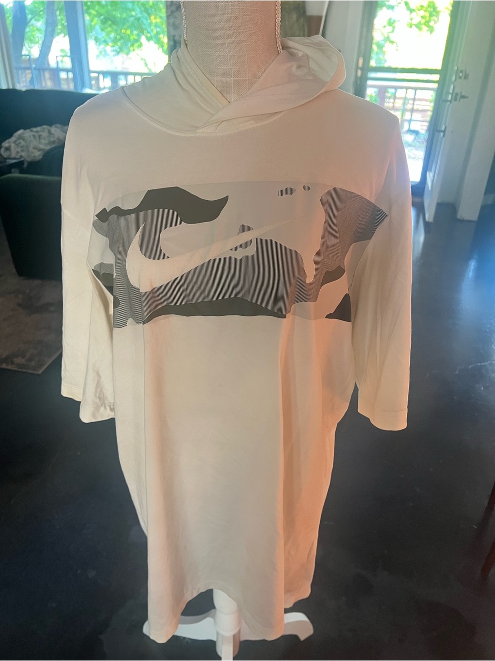 Nike Cream Hooded Short-Sleeve Tee with Gray & Black Camo Swoosh